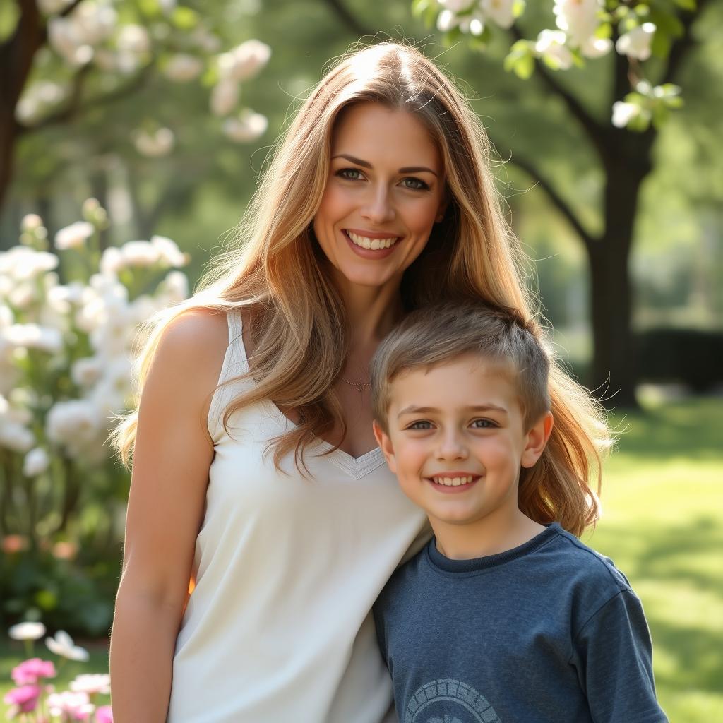 A beautiful 40-year-old woman with graceful features, long flowing hair, and a warm smile, standing beside a handsome 12-year-old boy with a cheerful expression