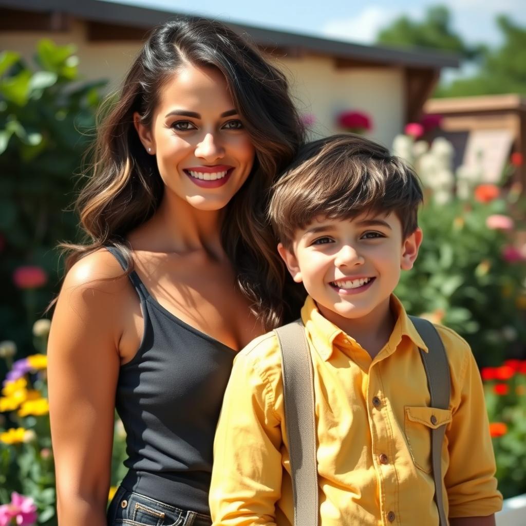A beautiful 40-year-old woman with elegant features and long wavy hair, exuding confidence and grace, standing next to a handsome 12-year-old boy with a bright smile and stylish outfit