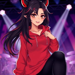A charismatic Latina vampire rockstar with mesmerizing brown eyes, long flowing dark hair adorned with striking red highlights, and a beautiful tan complexion
