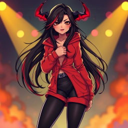 A charismatic Latina vampire rockstar with mesmerizing brown eyes, long flowing dark hair adorned with striking red highlights, and a beautiful tan complexion