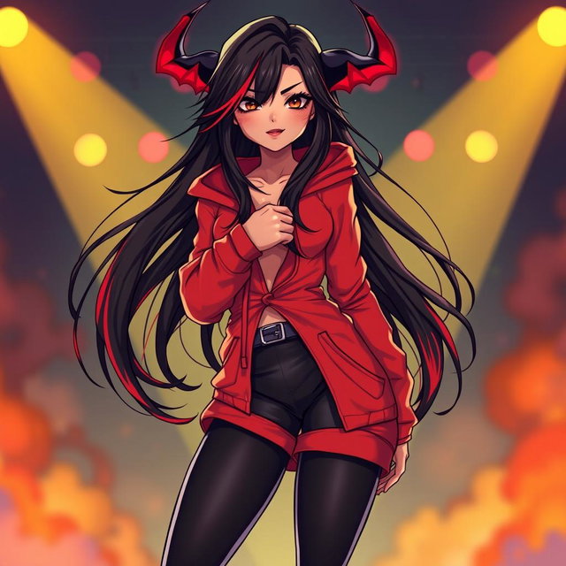 A charismatic Latina vampire rockstar with mesmerizing brown eyes, long flowing dark hair adorned with striking red highlights, and a beautiful tan complexion