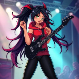A charismatic Latina vampire rockstar with mesmerizing brown eyes, long flowing dark hair adorned with striking red highlights, and a beautiful tan complexion