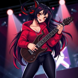 A charismatic Latina vampire rockstar with mesmerizing brown eyes, long flowing dark hair adorned with striking red highlights, and a beautiful tan complexion