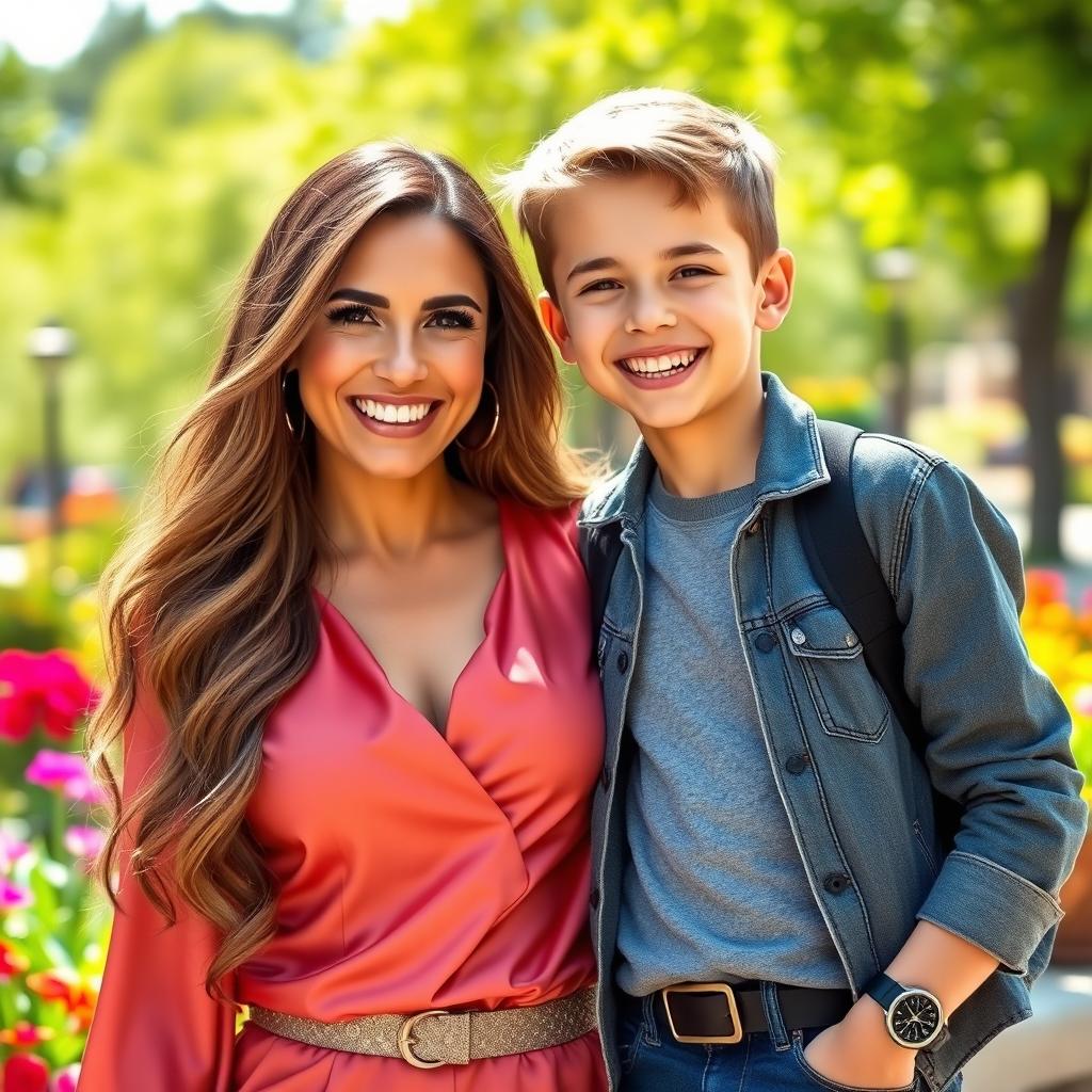 A beautiful 40-year-old woman, radiating confidence and charm, standing beside a handsome 12-year-old boy, both smiling