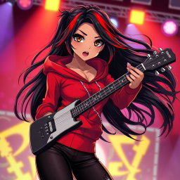 A charismatic Latina vampire rockstar exuding charm, with mesmerizing brown eyes, long flowing dark hair that showcases vibrant red highlights, and a beautifully tanned complexion