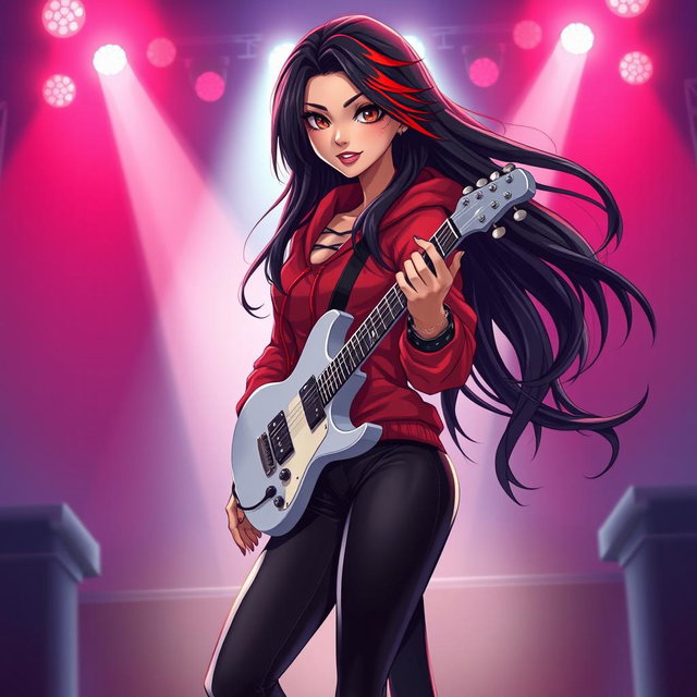 A charismatic Latina vampire rockstar exuding charm, with mesmerizing brown eyes, long flowing dark hair that showcases vibrant red highlights, and a beautifully tanned complexion