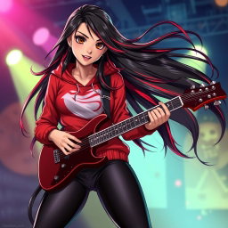 A charismatic Latina vampire rockstar exuding charm, with mesmerizing brown eyes, long flowing dark hair that showcases vibrant red highlights, and a beautifully tanned complexion