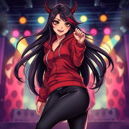 A charismatic Latina vampire rockstar exuding charm, with mesmerizing brown eyes, long flowing dark hair that showcases vibrant red highlights, and a beautifully tanned complexion