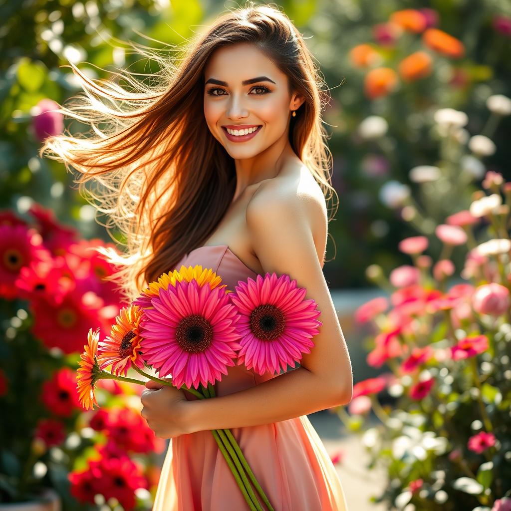 A stunning woman with flowing long hair, wearing a beautiful flowing dress that accentuates her figure