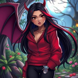 A charismatic Latina vampire with mesmerizing brown eyes, long flowing dark hair featuring striking red highlights, and a beautiful tan complexion