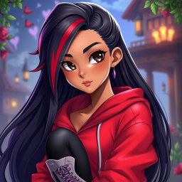A charismatic Latina vampire with mesmerizing brown eyes, long flowing dark hair featuring striking red highlights, and a beautiful tan complexion