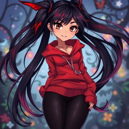 A charismatic Latina vampire with mesmerizing brown eyes, long flowing dark hair featuring striking red highlights, and a beautiful tan complexion