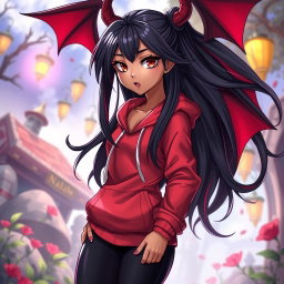 A charismatic Latina vampire with mesmerizing brown eyes, long flowing dark hair featuring striking red highlights, and a beautiful tan complexion