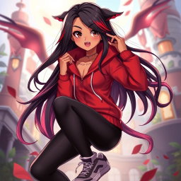 A charismatic Latina vampire exuding charm, characterized by mesmerizing brown eyes, long flowing dark hair with striking red highlights, and a radiant tan complexion