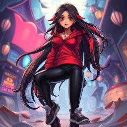 A charismatic Latina vampire exuding charm, characterized by mesmerizing brown eyes, long flowing dark hair with striking red highlights, and a radiant tan complexion