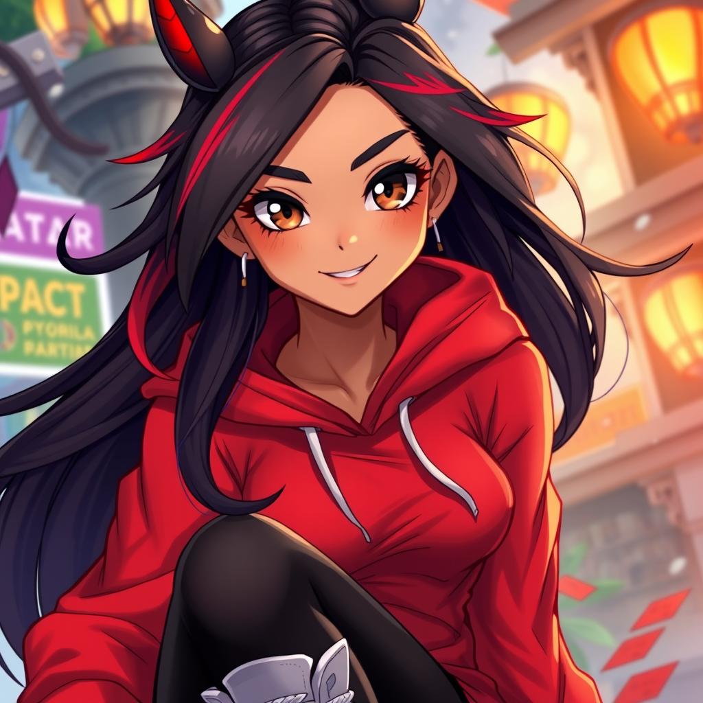 A charismatic Latina vampire exuding charm, characterized by mesmerizing brown eyes, long flowing dark hair with striking red highlights, and a radiant tan complexion