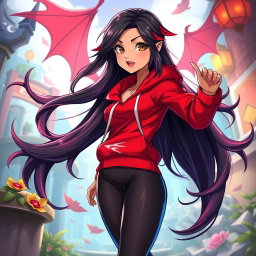 A charismatic Latina vampire exuding charm, characterized by mesmerizing brown eyes, long flowing dark hair with striking red highlights, and a radiant tan complexion
