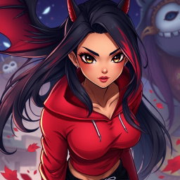 A charismatic Latina vampire with mesmerizing brown eyes, long flowing dark hair adorned with striking red highlights, and a warm tan complexion