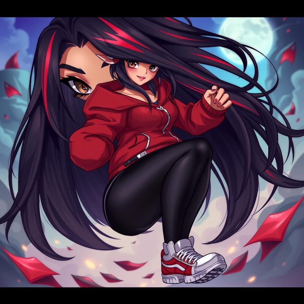 A charismatic Latina vampire with mesmerizing brown eyes, long flowing dark hair adorned with striking red highlights, and a warm tan complexion