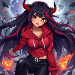 A charismatic Latina vampire with mesmerizing brown eyes, long flowing dark hair adorned with striking red highlights, and a warm tan complexion