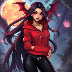 A charismatic Latina vampire with mesmerizing brown eyes, long flowing dark hair adorned with striking red highlights, and a warm tan complexion