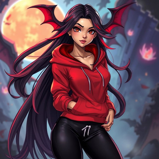A charismatic Latina vampire with mesmerizing brown eyes, long flowing dark hair adorned with striking red highlights, and a warm tan complexion