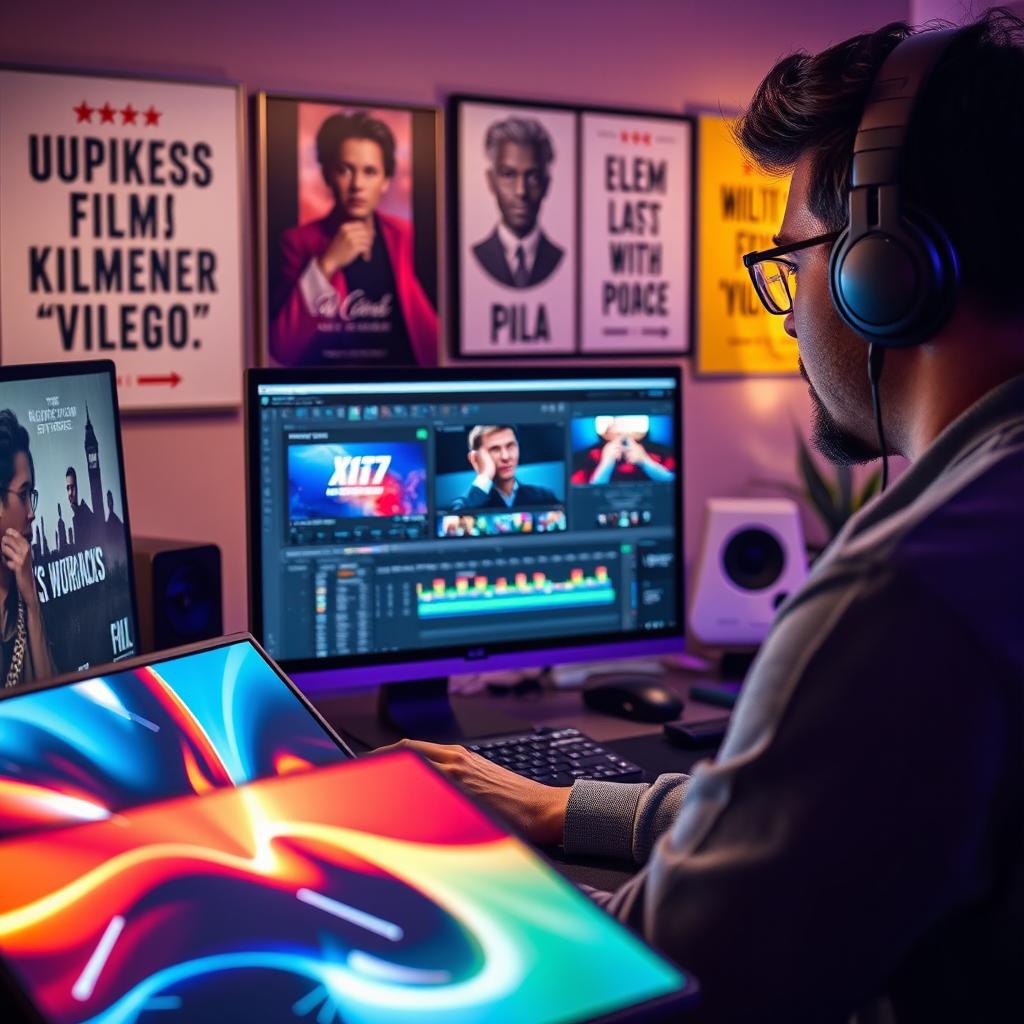 A focused person editing a video and designing a banner on a modern computer