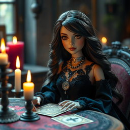 A highly detailed Barbie-inspired doll with a mystical witch aesthetic, sitting at a candle-lit table while reading tarot cards