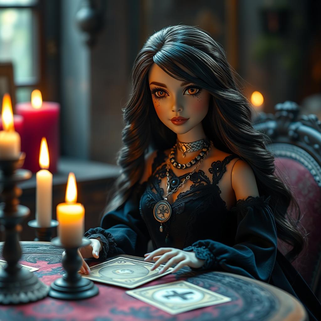 A highly detailed Barbie-inspired doll with a mystical witch aesthetic, sitting at a candle-lit table while reading tarot cards