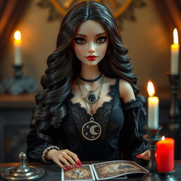 A highly detailed Barbie-inspired doll with a mystical witch aesthetic, sitting at a candle-lit table while reading tarot cards