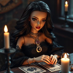A highly detailed Barbie-inspired doll with a mystical witch aesthetic, sitting at a candle-lit table while reading tarot cards