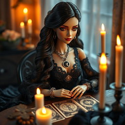 A highly detailed Barbie-inspired doll with a mystical witch aesthetic, sitting at a candle-lit table while reading tarot cards