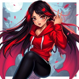 A charismatic Latina vampire with captivating brown eyes, long flowing dark hair infused with vibrant red highlights, and a sun-kissed tan complexion