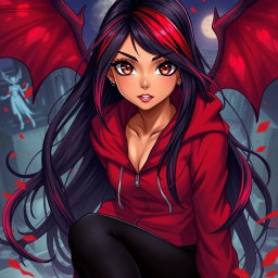 A charismatic Latina vampire with captivating brown eyes, long flowing dark hair infused with vibrant red highlights, and a sun-kissed tan complexion