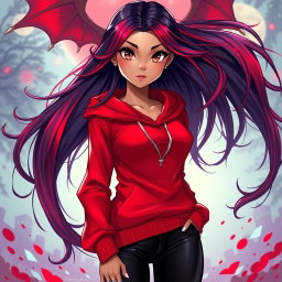 A charismatic Latina vampire with captivating brown eyes, long flowing dark hair infused with vibrant red highlights, and a sun-kissed tan complexion