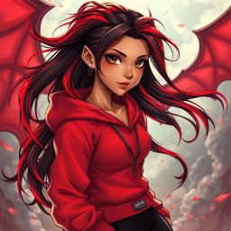A charismatic Latina vampire with captivating brown eyes, long flowing dark hair infused with vibrant red highlights, and a sun-kissed tan complexion