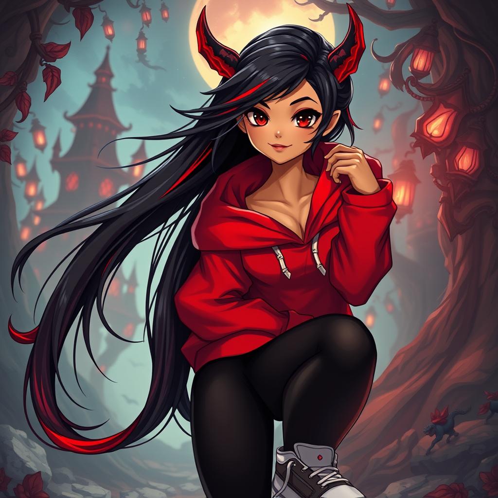 A charismatic Latina vampire with enchanting brown eyes, long flowing dark hair featuring vibrant red highlights, and a sun-kissed tan complexion