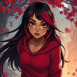 A charismatic Latina vampire with enchanting brown eyes, long flowing dark hair featuring vibrant red highlights, and a sun-kissed tan complexion
