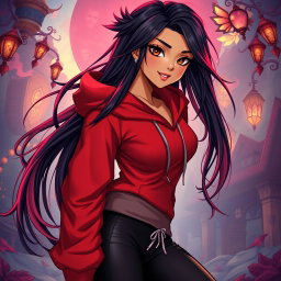 A charismatic Latina vampire with enchanting brown eyes, long flowing dark hair featuring vibrant red highlights, and a sun-kissed tan complexion