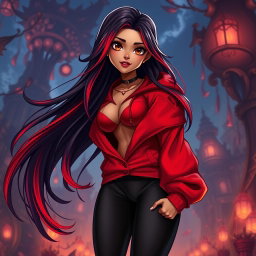 A charismatic Latina vampire with enchanting brown eyes, long flowing dark hair featuring vibrant red highlights, and a sun-kissed tan complexion