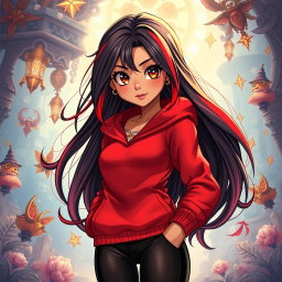 A charismatic Latina character with mesmerizing brown eyes, long flowing dark hair enhanced with vibrant red highlights, and a sun-kissed tan complexion