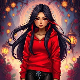 A charismatic Latina character with mesmerizing brown eyes, long flowing dark hair enhanced with vibrant red highlights, and a sun-kissed tan complexion