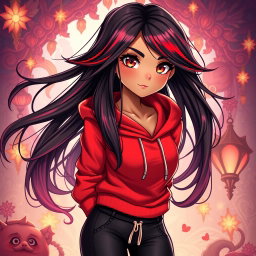 A charismatic Latina character with mesmerizing brown eyes, long flowing dark hair enhanced with vibrant red highlights, and a sun-kissed tan complexion