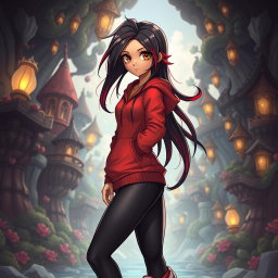 A charismatic Latina character with mesmerizing brown eyes, long flowing dark hair enhanced with vibrant red highlights, and a sun-kissed tan complexion
