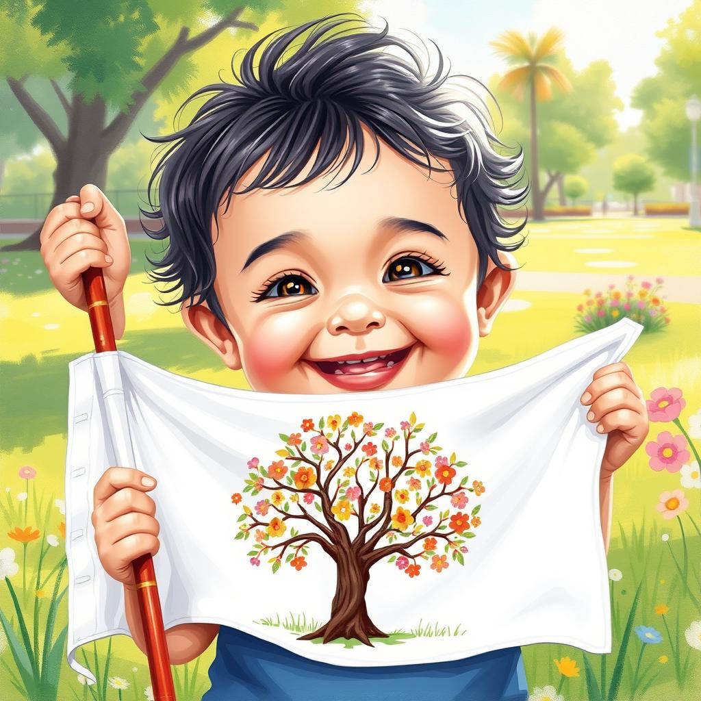 A whimsical painting of a joyful two-year-old child holding a white flag adorned with a beautiful tree illustration
