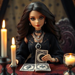 A Barbie-inspired doll with a mystical witch aesthetic, sitting at a candle-lit table while reading tarot cards