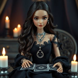 A Barbie-inspired doll with a mystical witch aesthetic, sitting at a candle-lit table while reading tarot cards