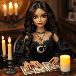 A Barbie-inspired doll with a mystical witch aesthetic, sitting at a candle-lit table while reading tarot cards