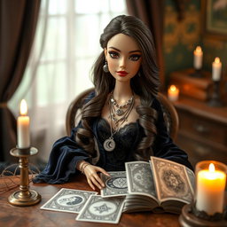 A Barbie-inspired doll with a mystical witch aesthetic, sitting at a candle-lit table while reading tarot cards