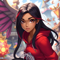 A charismatic Latina with mesmerizing brown eyes, long flowing dark hair accented with striking red highlights, and a warm tan complexion
